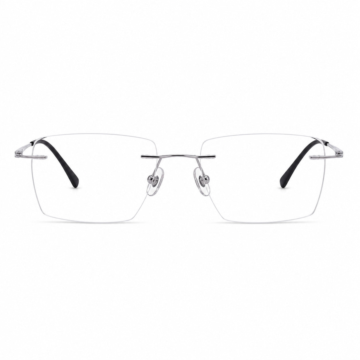 Silver men's titanium rimless rectangular glasses, front product view