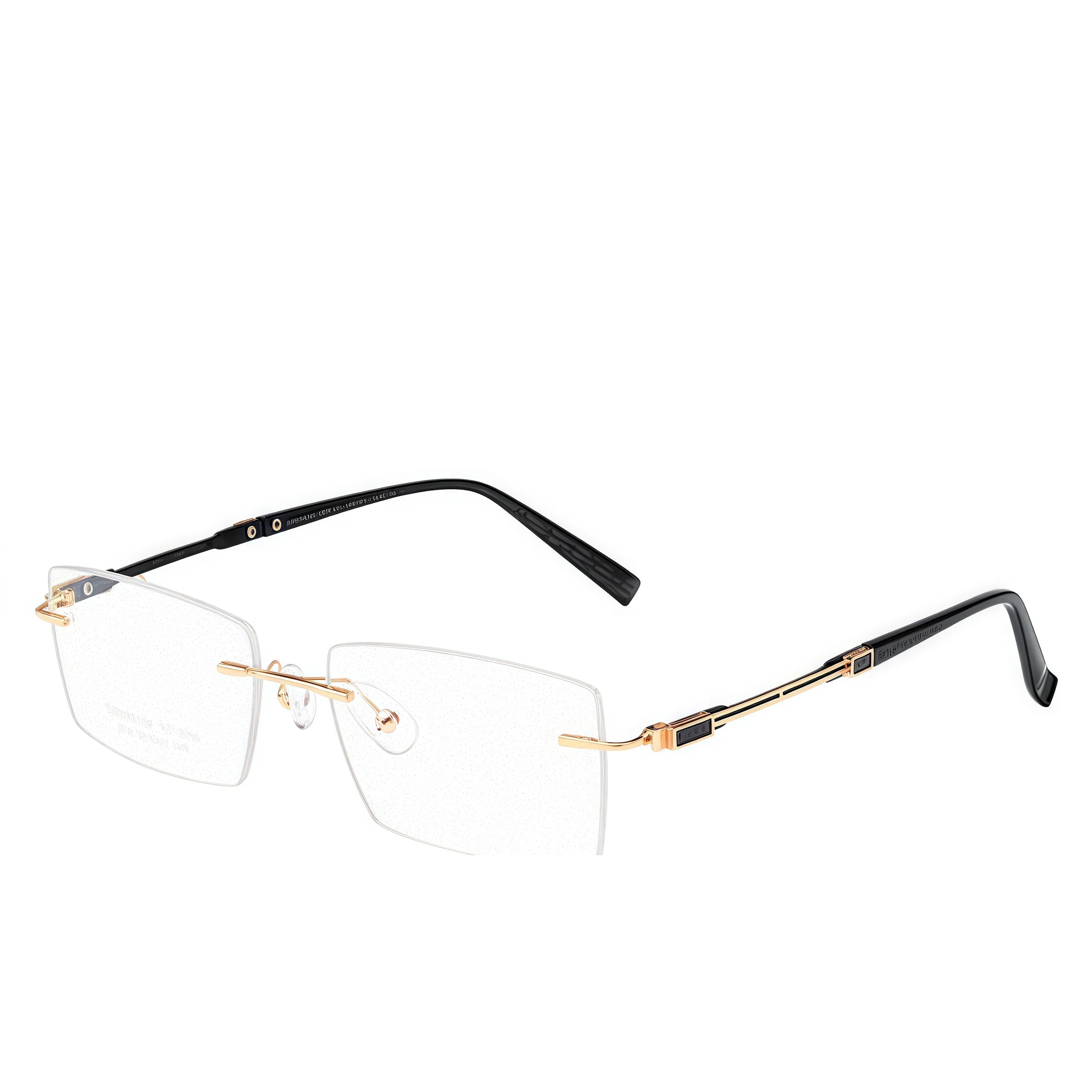 Gold men's titanium rimless rectangular glasses, 45-degree product view