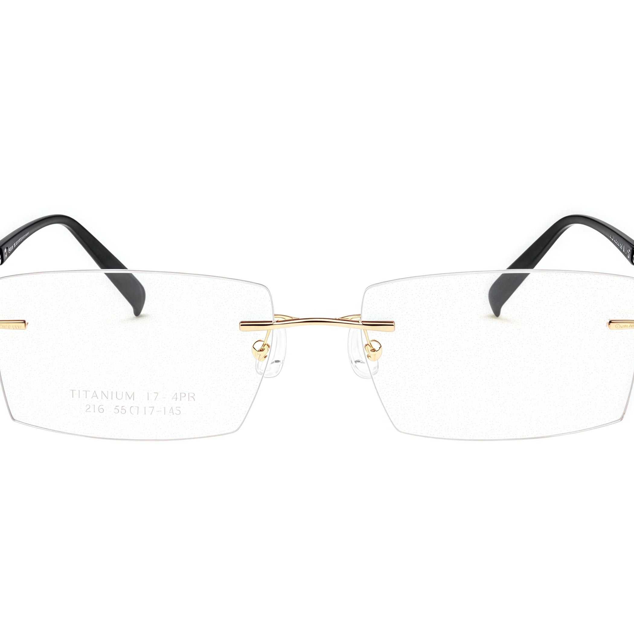 Gold men's titanium rimless rectangular glasses, front product view