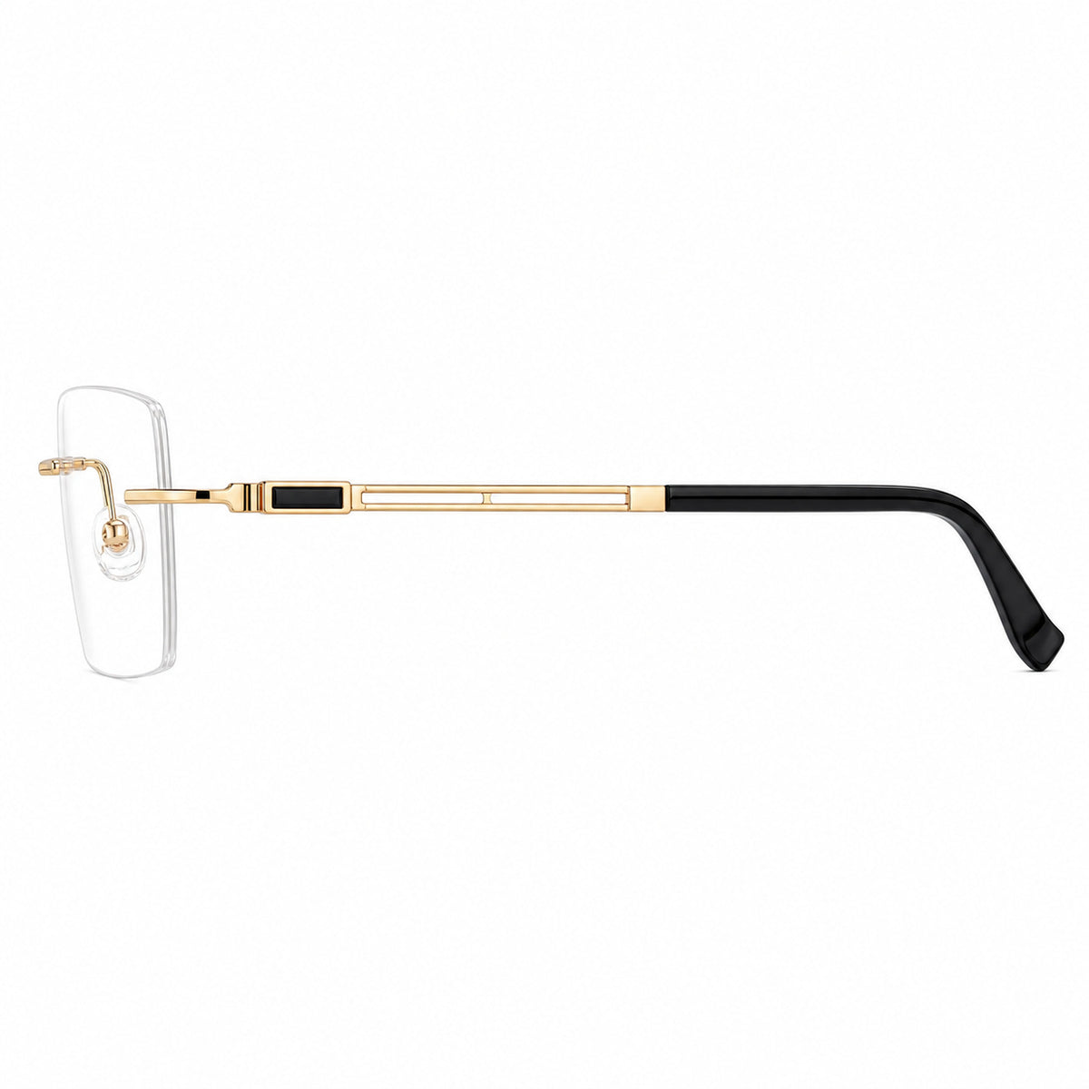 Gold men's titanium rimless rectangular glasses, geometric temple side view
