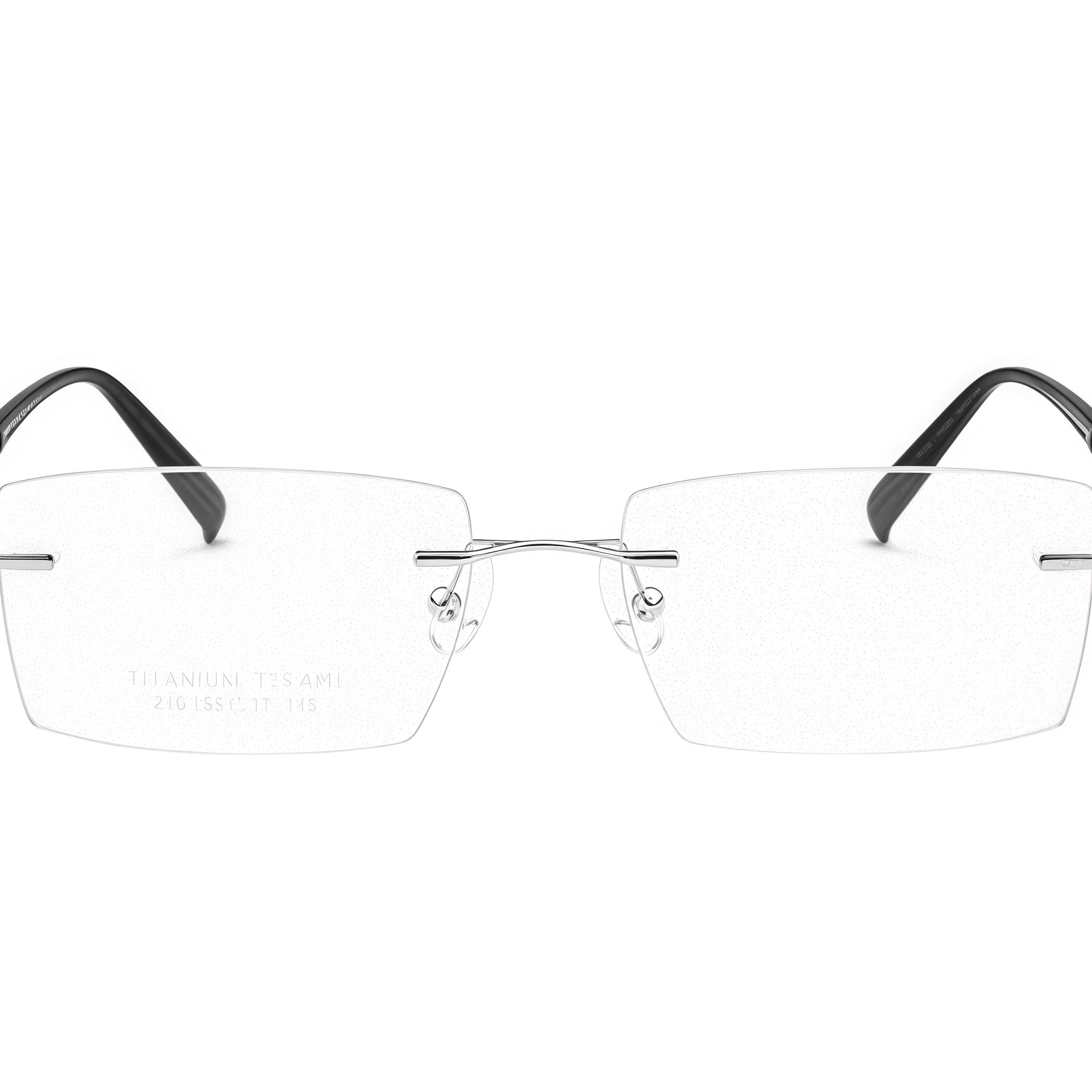 Silver men's titanium rimless rectangular glasses, front product view