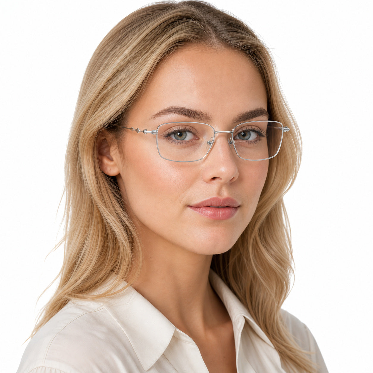 Silver narrow rectangular glasses worn by an attractive young adult White woman in a white blouse
