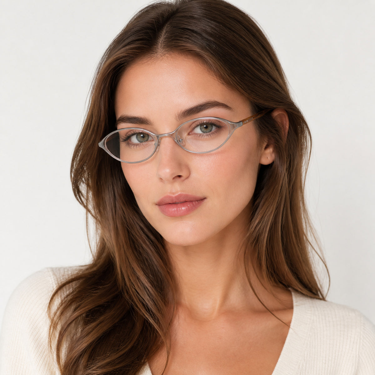 Brown narrow oval glasses worn by an attractive young adult White woman in a cream top
