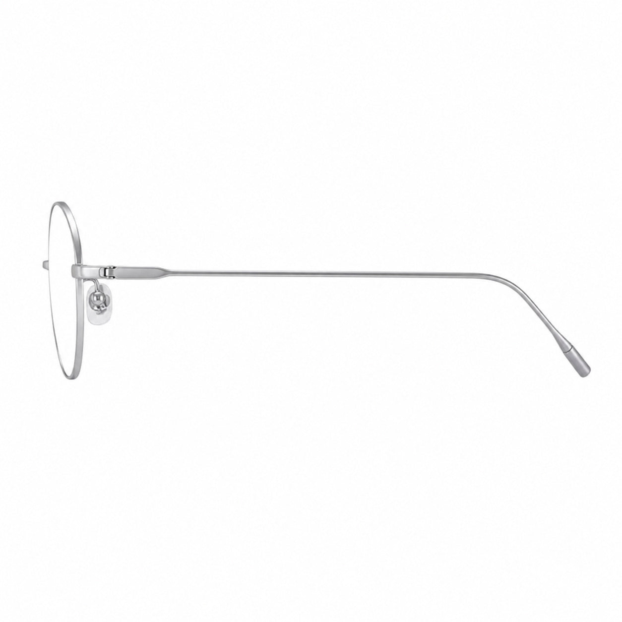 Silver women's lightweight titanium rounded-oval glasses, side product view