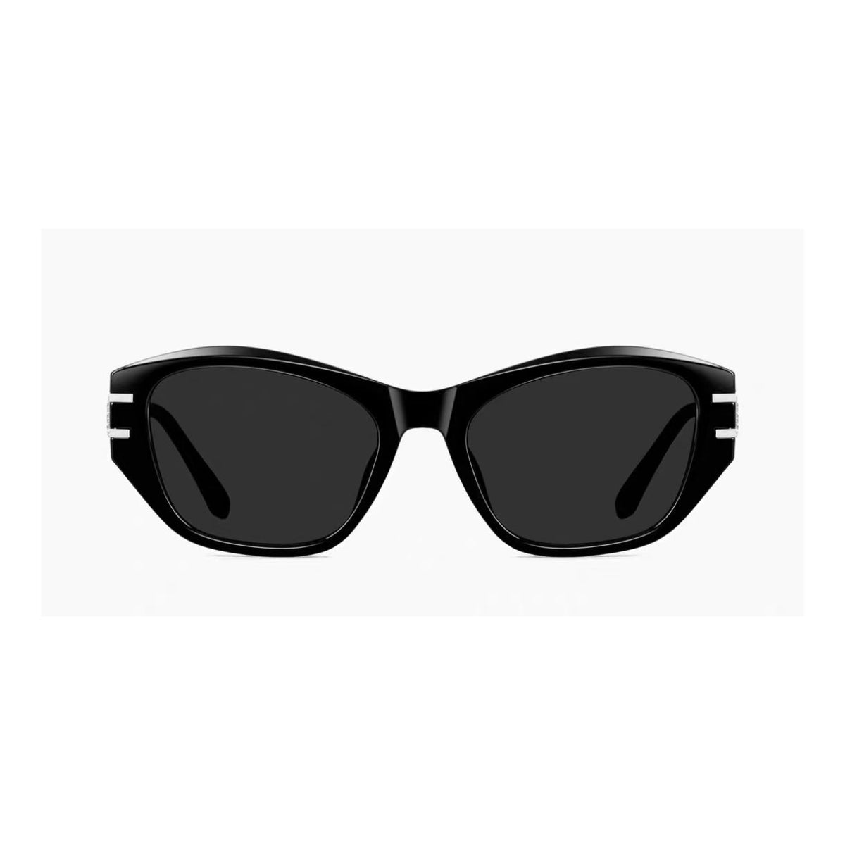 Black women's ornate-temple cat-eye UV400 sunglasses, front product view