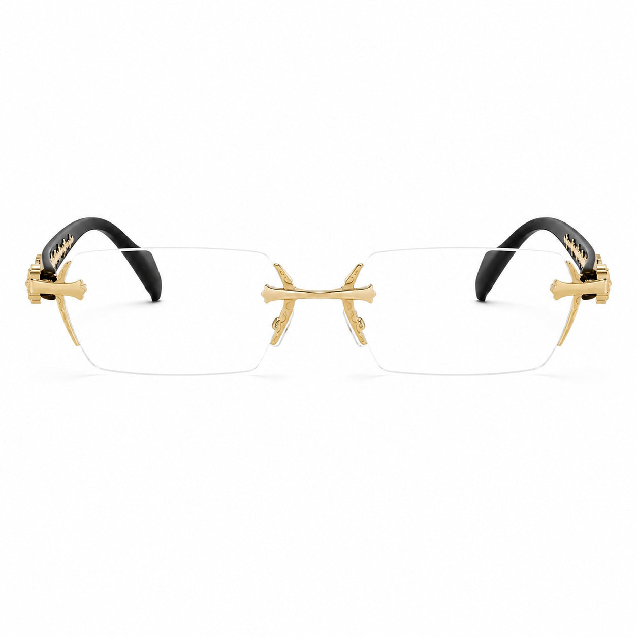 Gold women's ornate rimless alloy prescription glasses, front product view