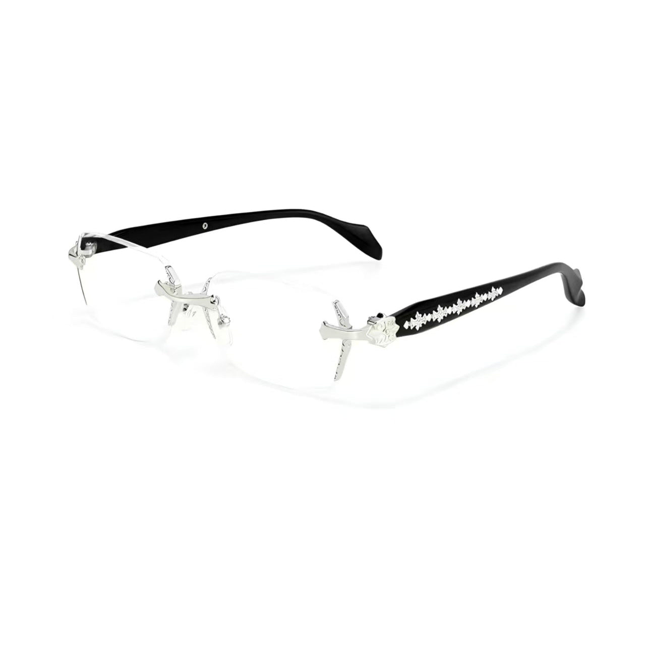 Silver women's ornate rimless alloy prescription glasses, 45-degree product view