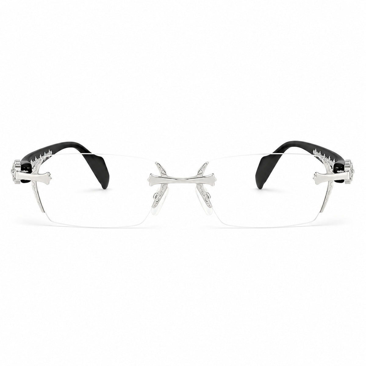 Silver women's ornate rimless alloy prescription glasses, front product view