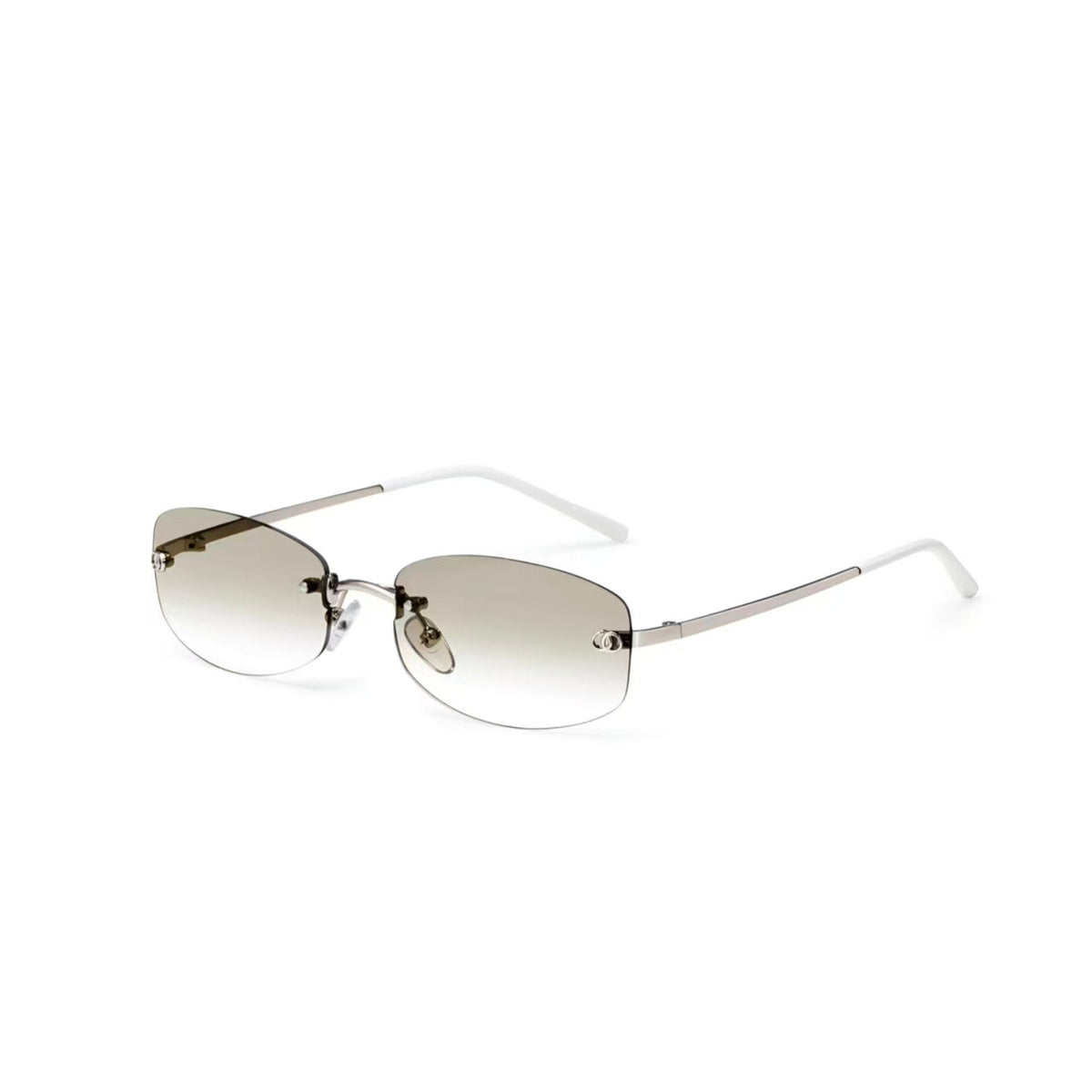 Silver women's narrow rimless sunglasses, 45-degree product view