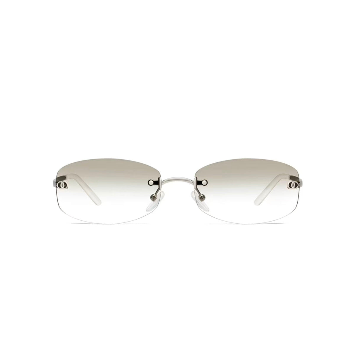 Silver women's narrow rimless sunglasses, front product view