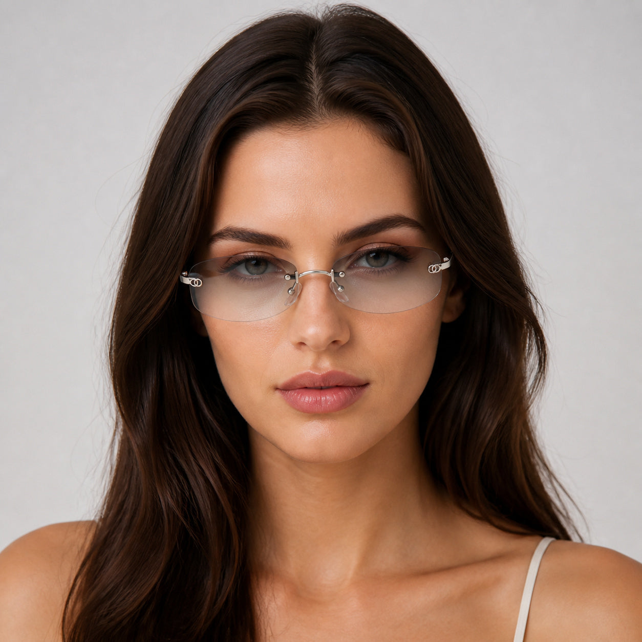 silver rimless sunglasses worn by an attractive clearly adult young White or East Asian woman