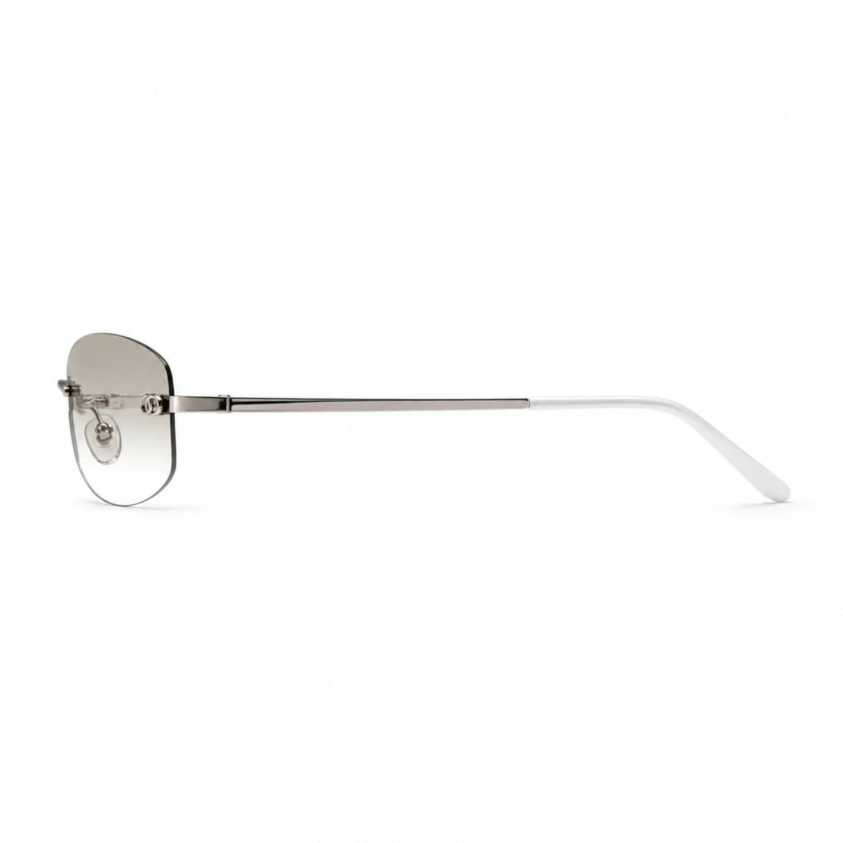 Silver women's narrow rimless sunglasses, side product view