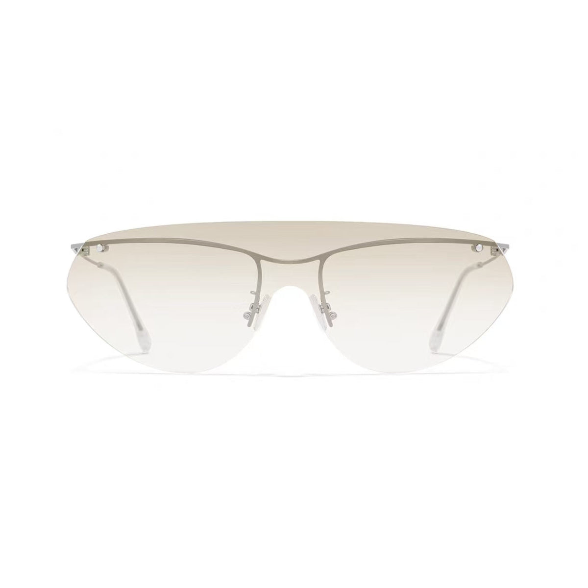 Silver women's oversized rimless UV400 sunglasses, front product view
