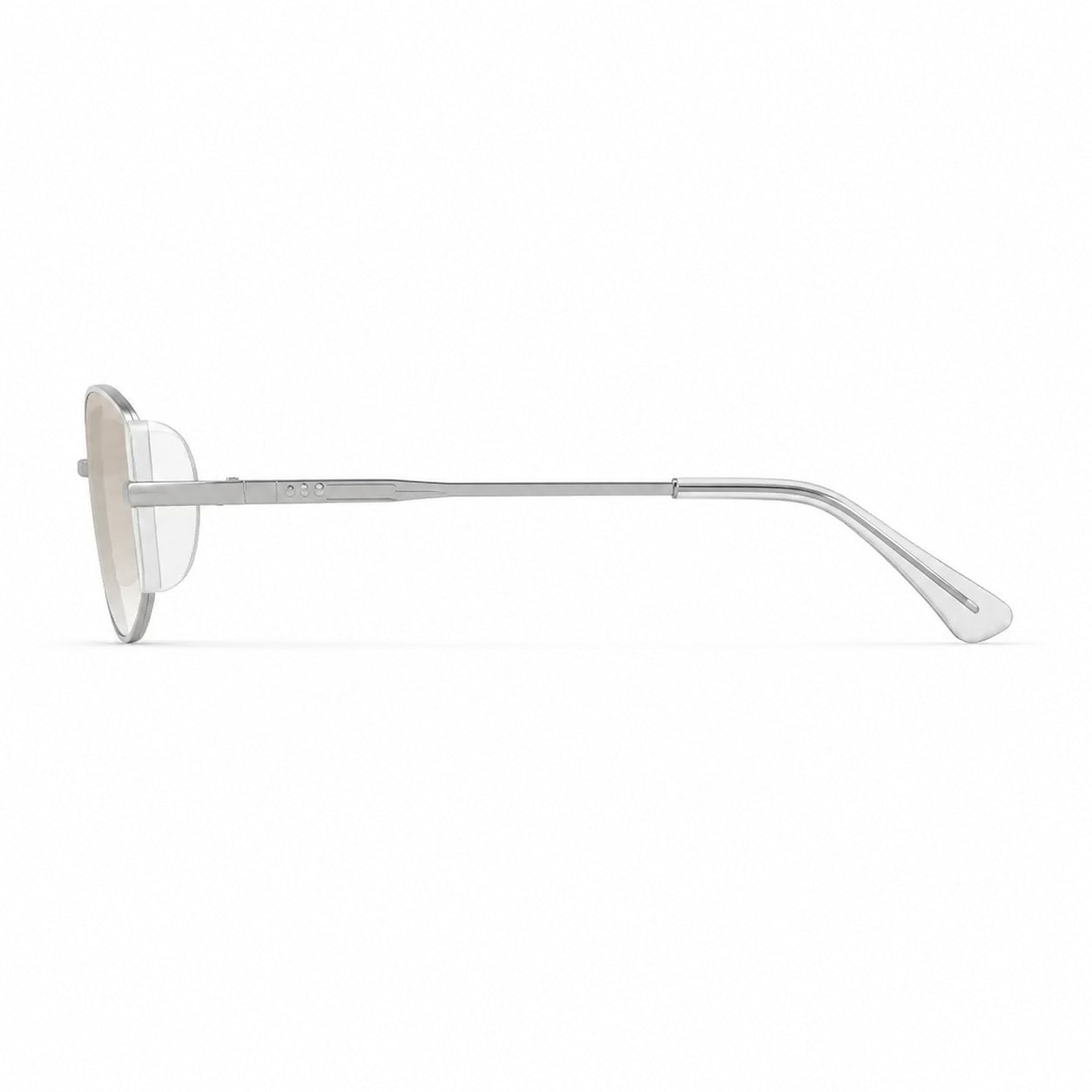 Silver women's narrow metal sunglasses, side product view