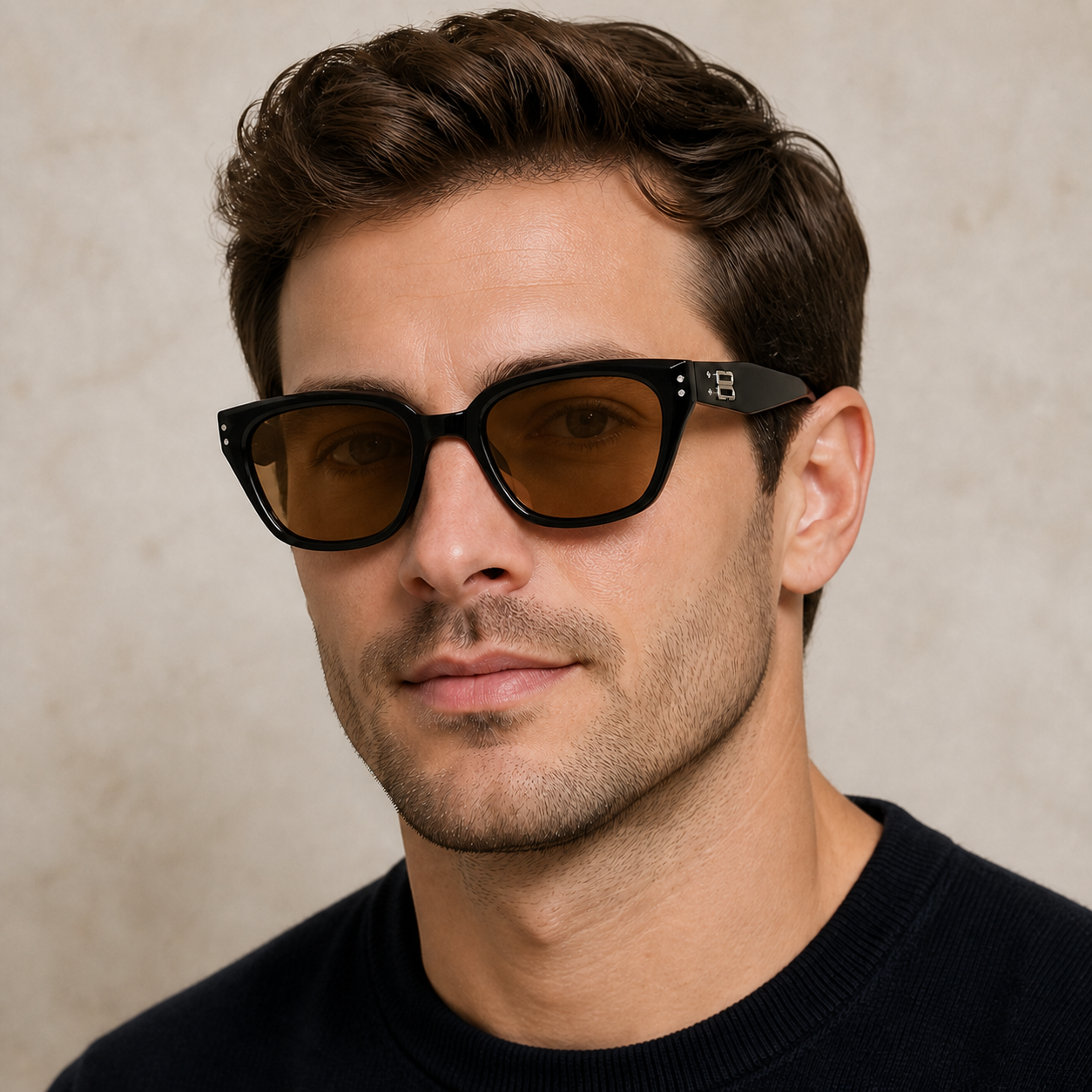 Men’s Amber Brown square sunglasses worn by an adult White man