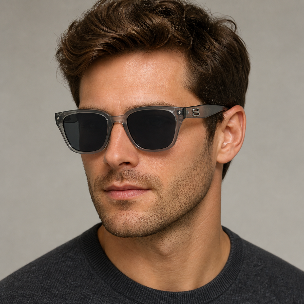 Men’s Crystal Gray square sunglasses worn by an adult White man