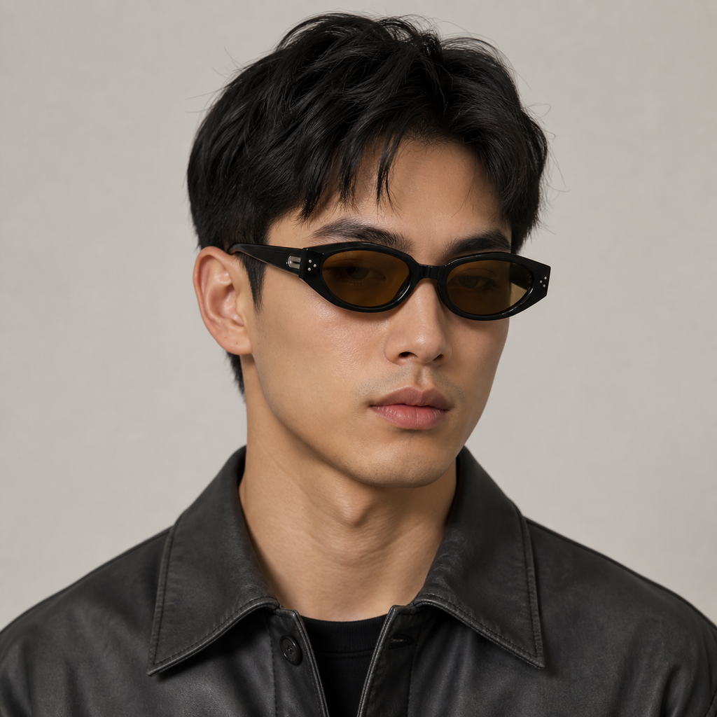 Dark Tortoise Men's Polycarbonate Narrow Cat-Eye UV400 Sunglasses, worn by an adult model, front fit