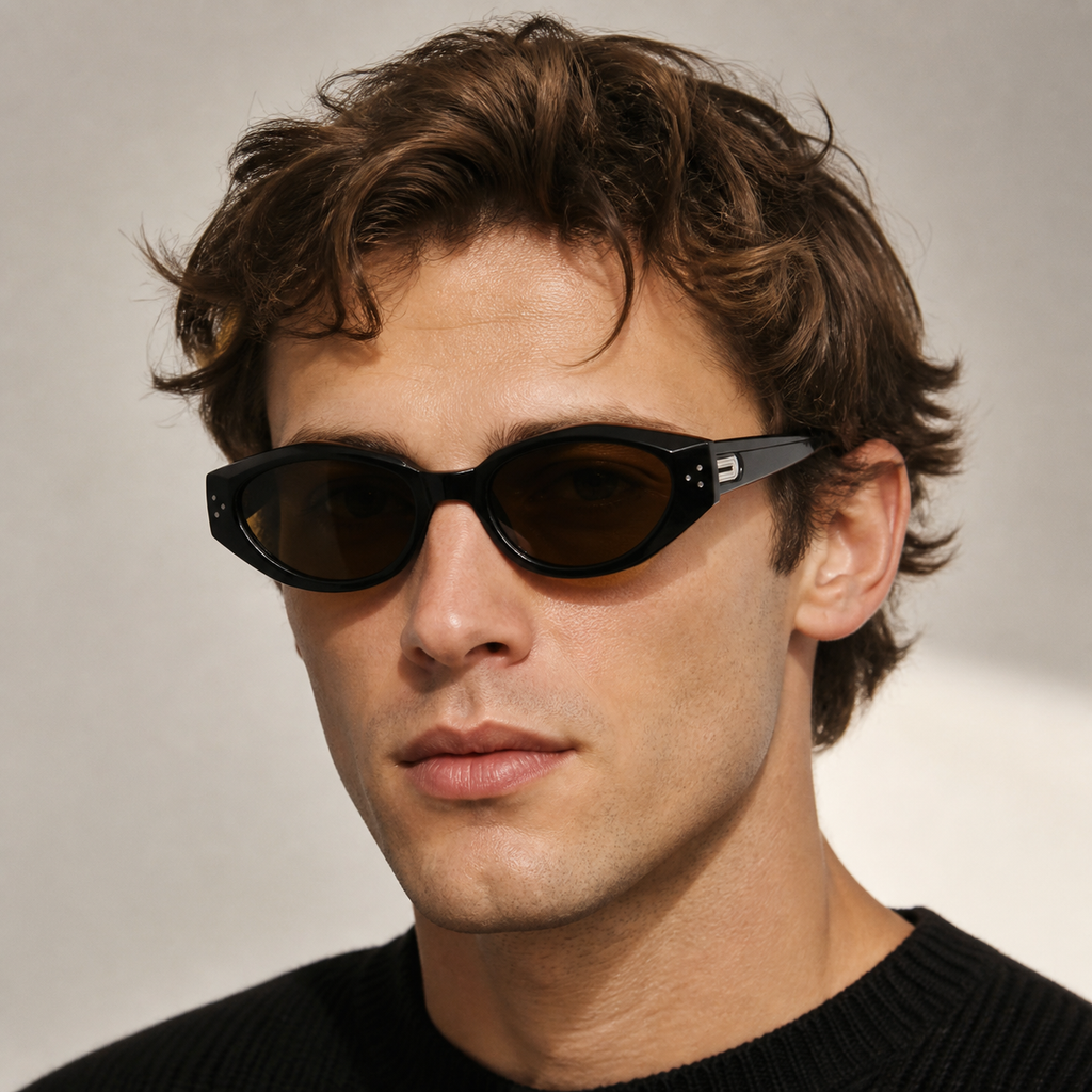 Dark Tortoise Men's Polycarbonate Narrow Cat-Eye UV400 Sunglasses, worn by an adult model, alternate fit