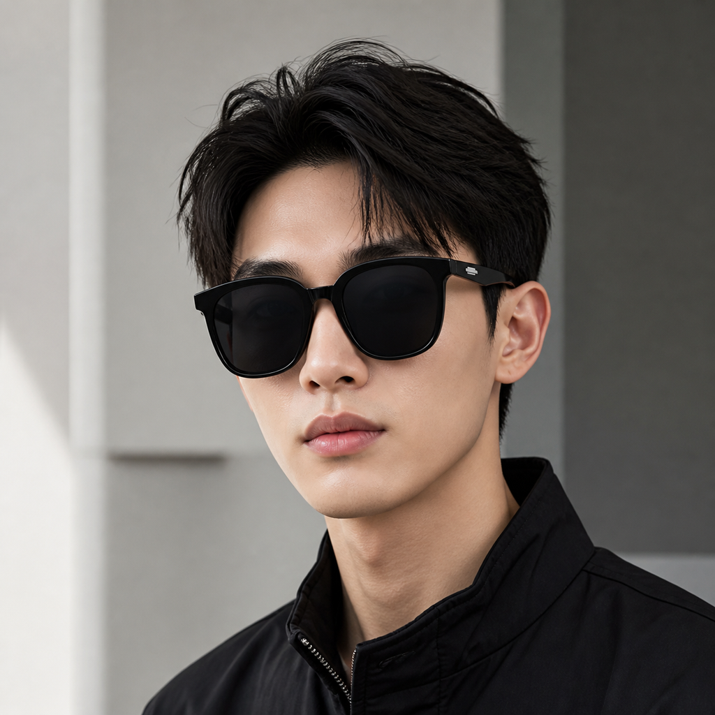 Black Men's TR90 Oversized Polarised Driving Sunglasses, worn by an adult model, front fit