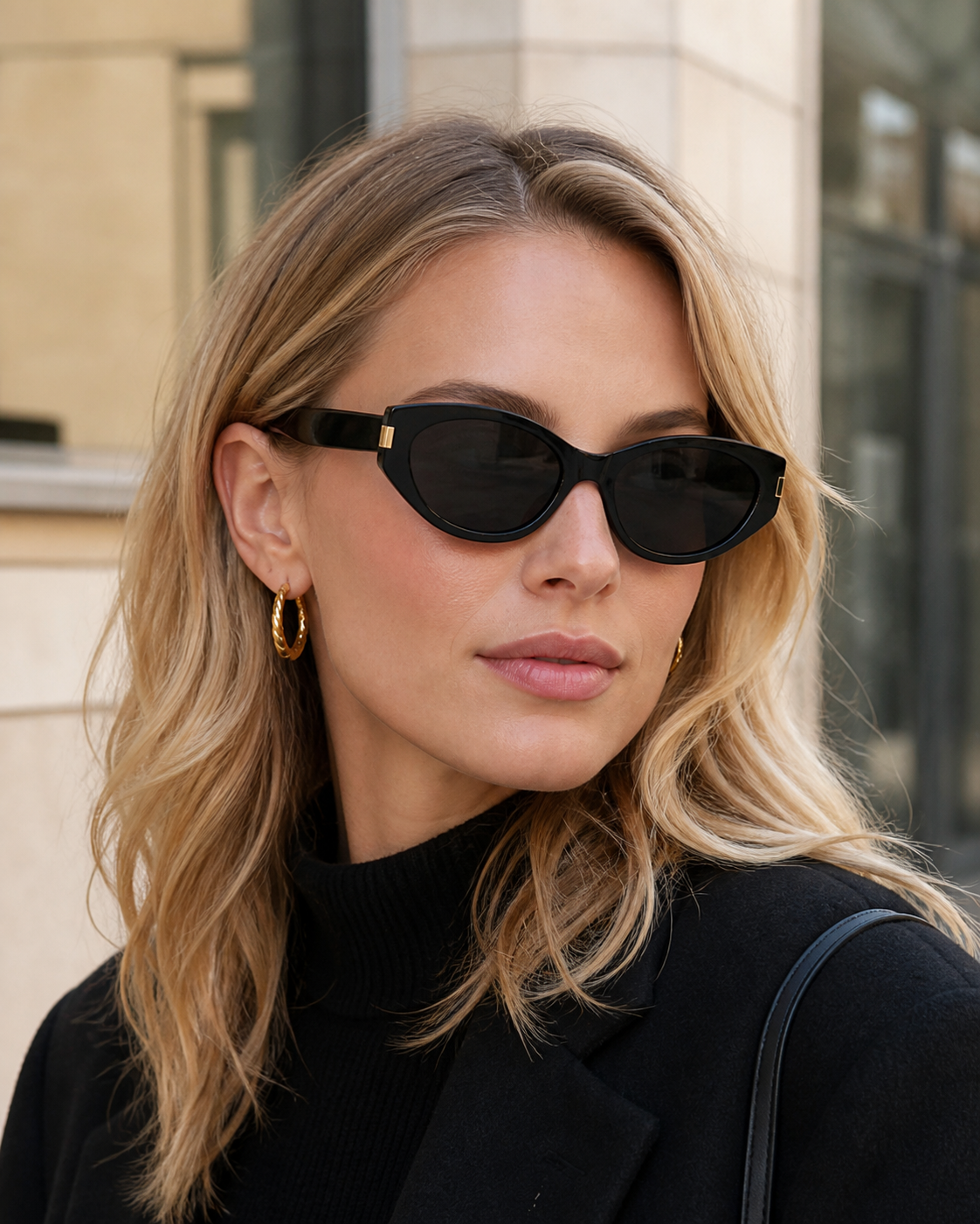 Black acetate narrow cat-eye sunglasses worn by an adult White woman