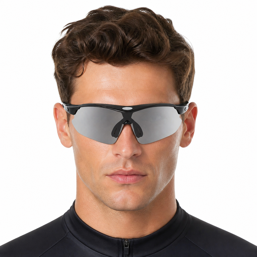 Black Frame/Photochromic Grey Lens Unisex PC-Rubber Photochromic Cycling Glasses, worn by an adult model, front fit