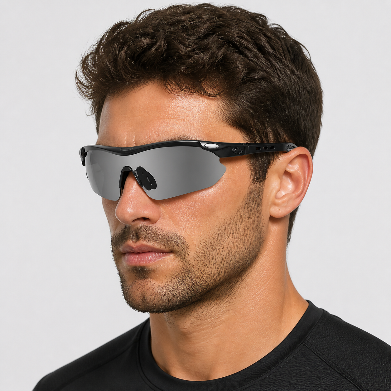 Black Frame/Photochromic Grey Lens Unisex PC-Rubber Photochromic Cycling Glasses, worn by an adult model, alternate fit