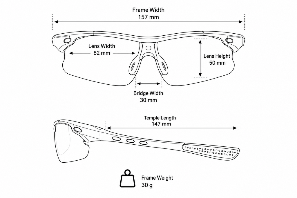 Unisex PC-Rubber Photochromic Cycling Glasses frame measurements and weight guide