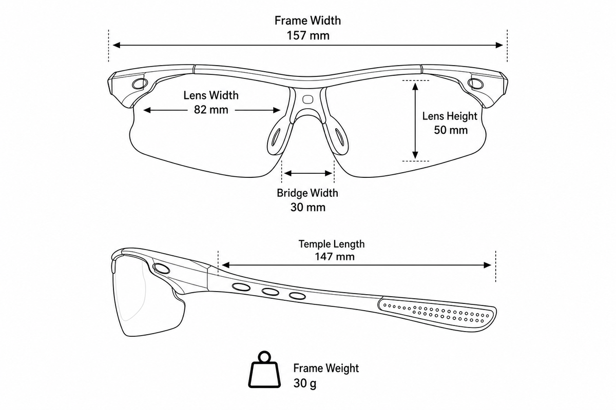 Unisex PC-Rubber Photochromic Cycling Glasses frame measurements and weight guide