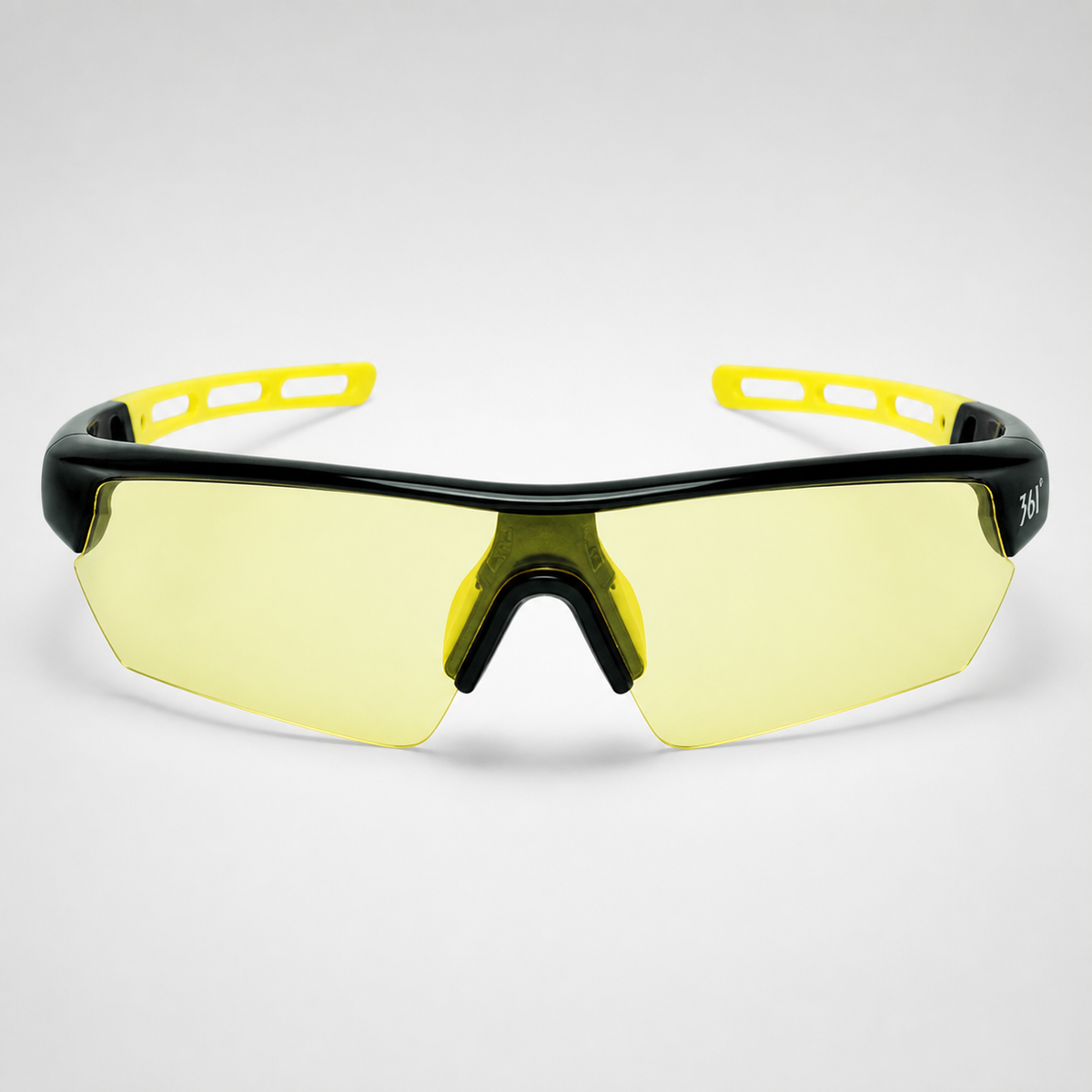 Black and yellow semi-rimless TR shield sports sunglasses, clean front view