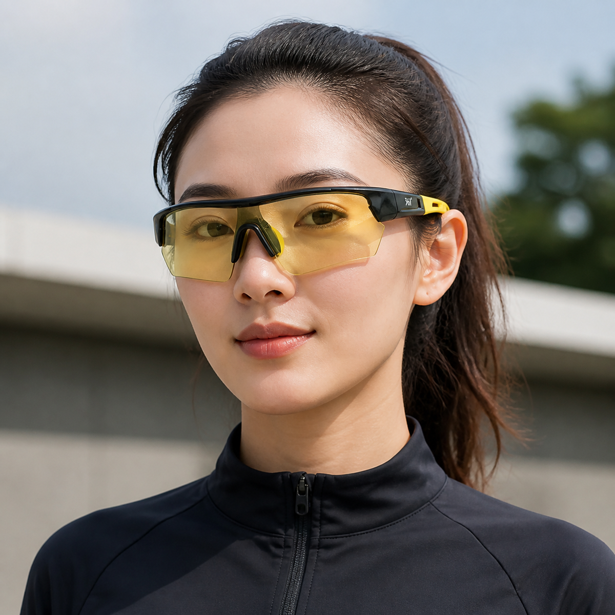 Black and yellow semi-rimless TR shield sports sunglasses worn by an adult East Asian woman