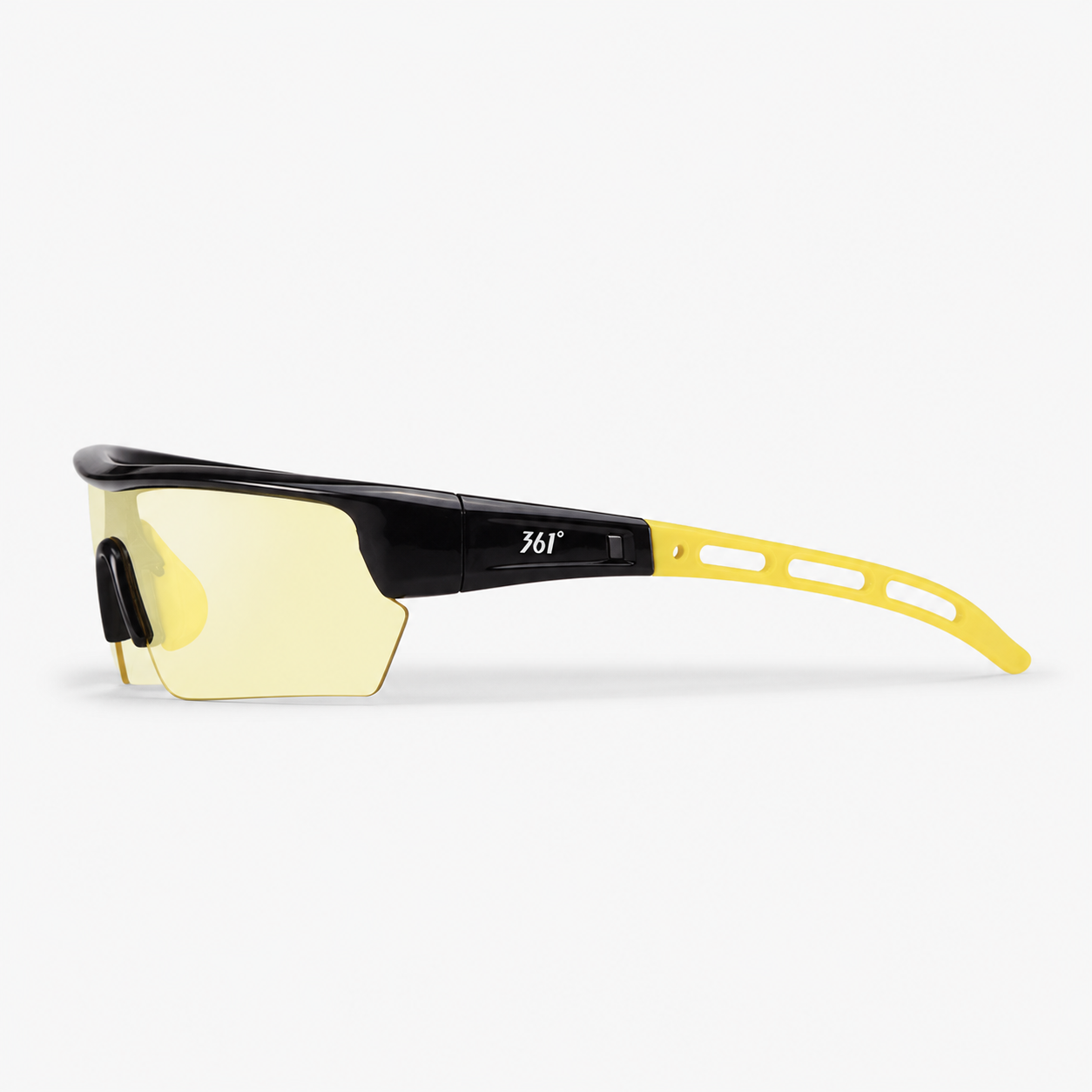 Black and yellow semi-rimless TR shield sports sunglasses, side temple view