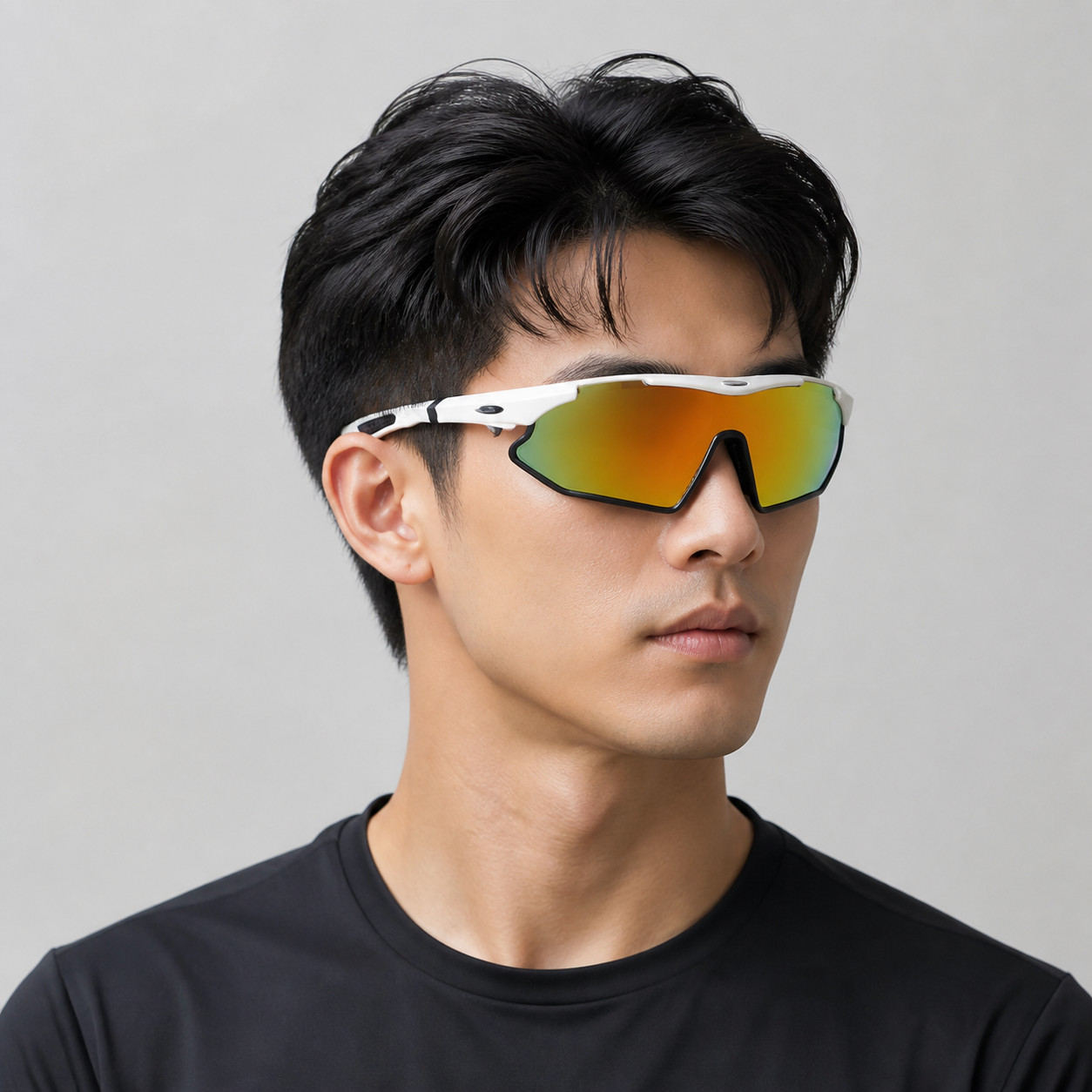 White Frame/Multicolor Lens Unisex TR Wraparound Cycling Sunglasses, worn by an adult model, front fit