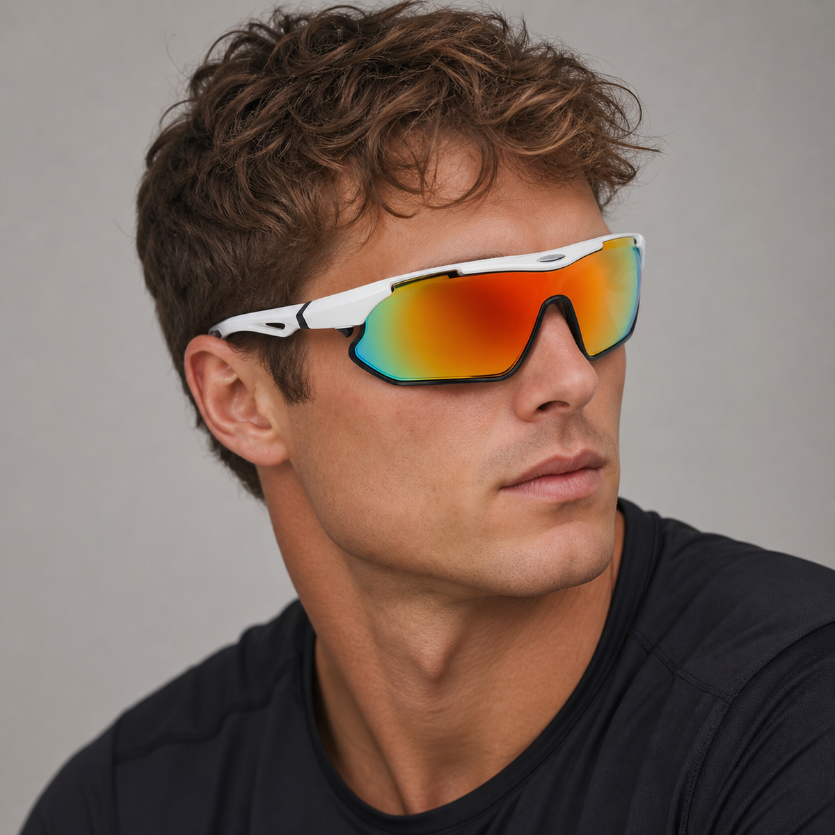 White Frame/Multicolor Lens Unisex TR Wraparound Cycling Sunglasses, worn by an adult model, alternate fit
