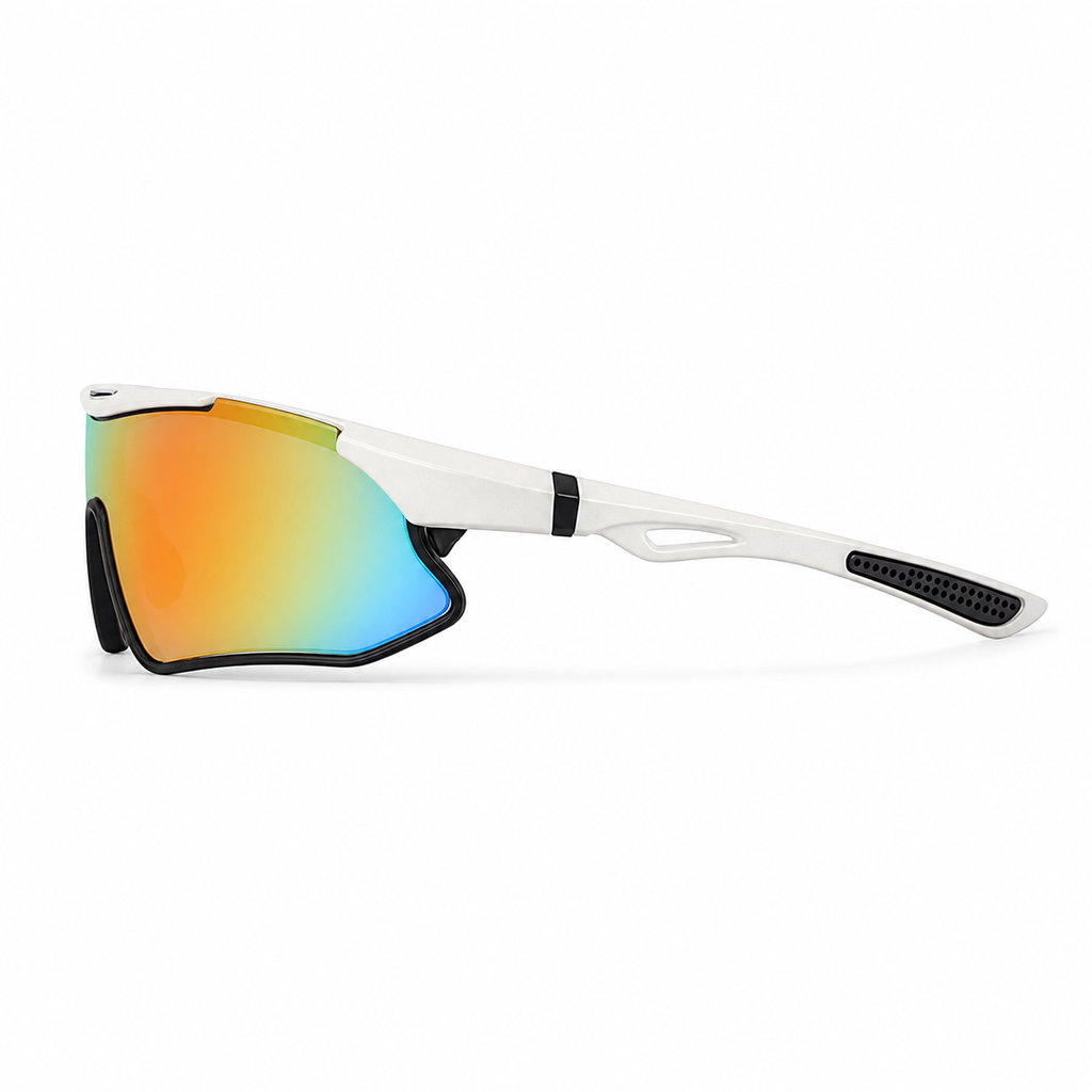 White Frame/Multicolor Lens Unisex TR Wraparound Cycling Sunglasses, side temple product view