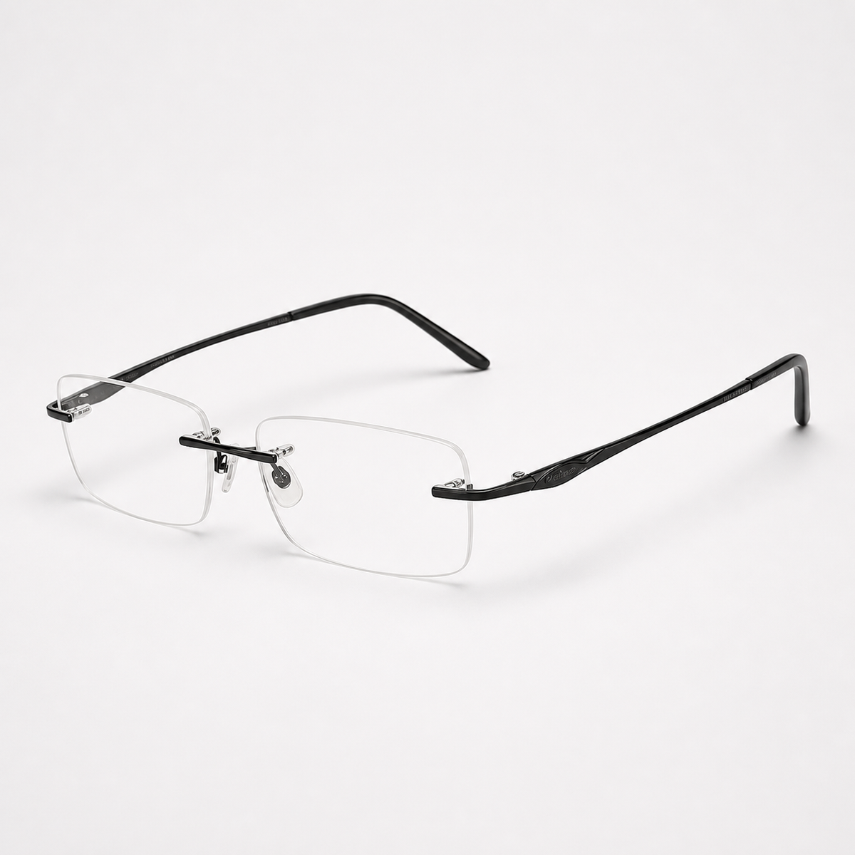 Black unisex pure titanium rimless shallow rectangular glasses, 45-degree product view