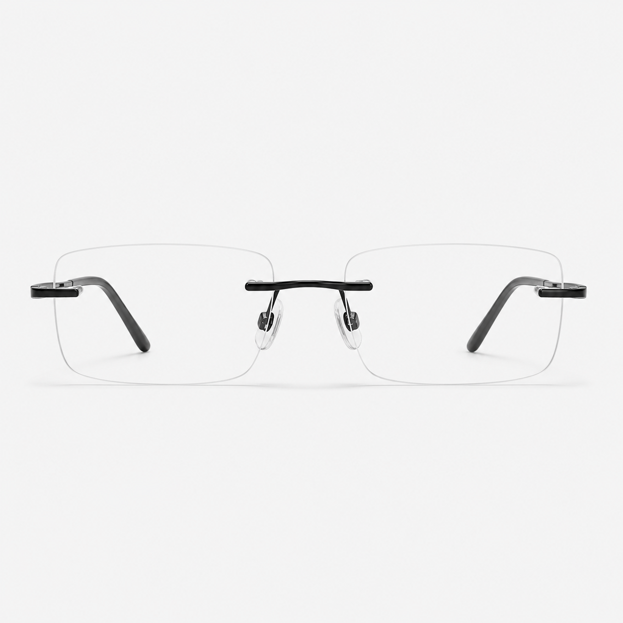 Black unisex pure titanium rimless shallow rectangular glasses, front product view