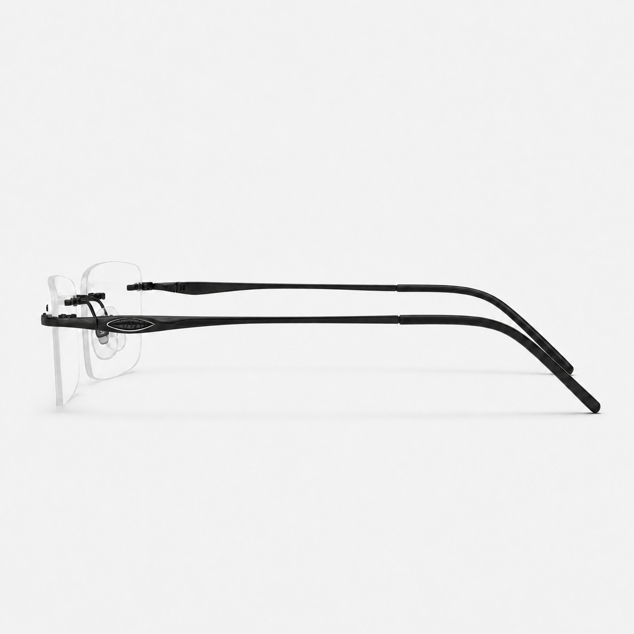 Black unisex pure titanium rimless shallow rectangular glasses, side product view