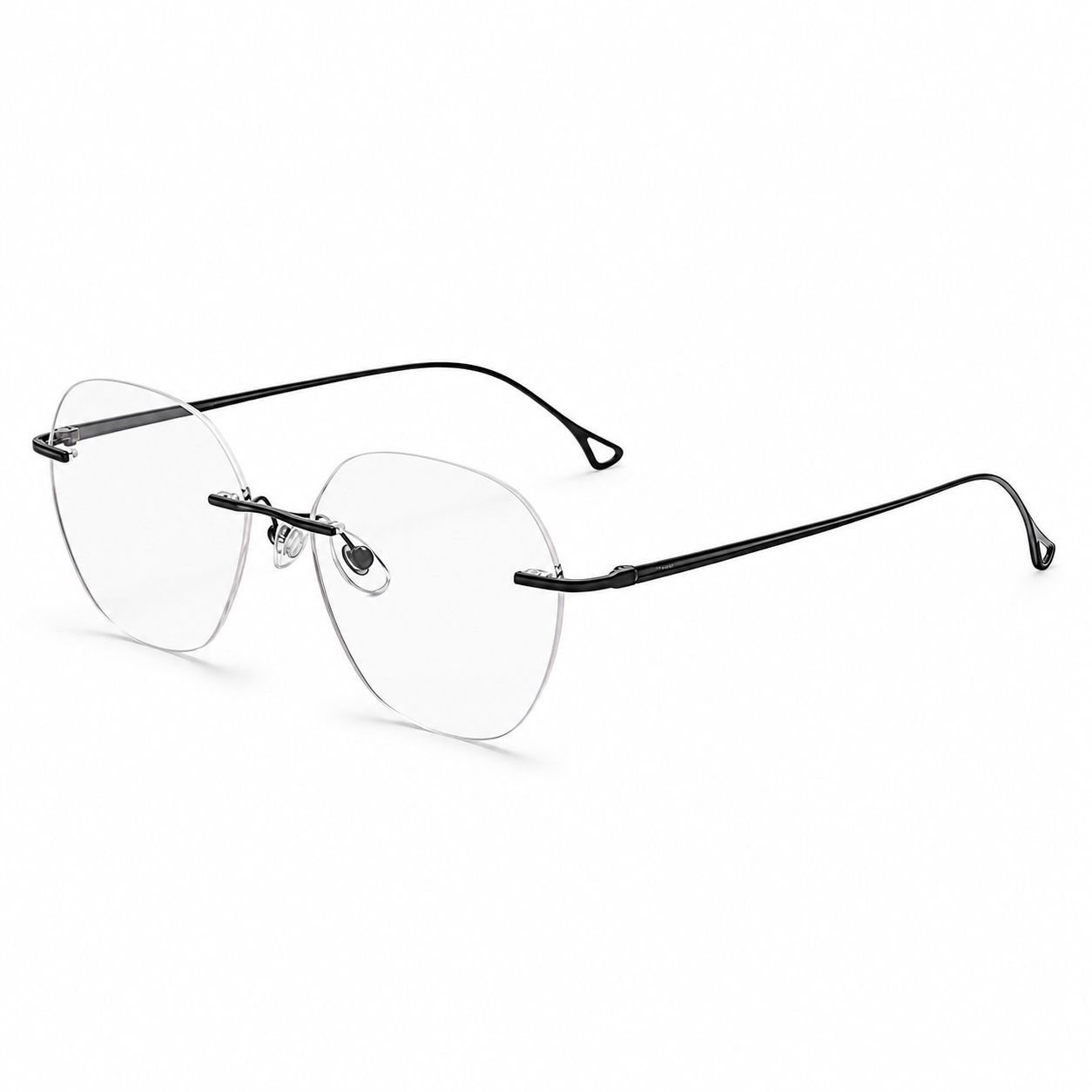 Black Unisex Pure Titanium Rimless Rounded Glasses, 45-degree product view