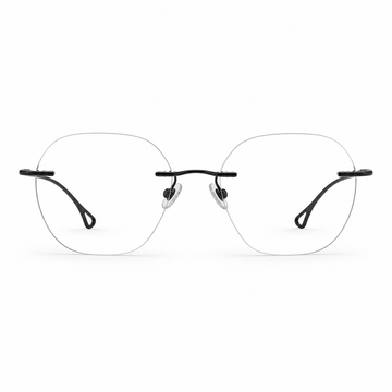 Black Unisex Pure Titanium Rimless Rounded Glasses, clean front product view