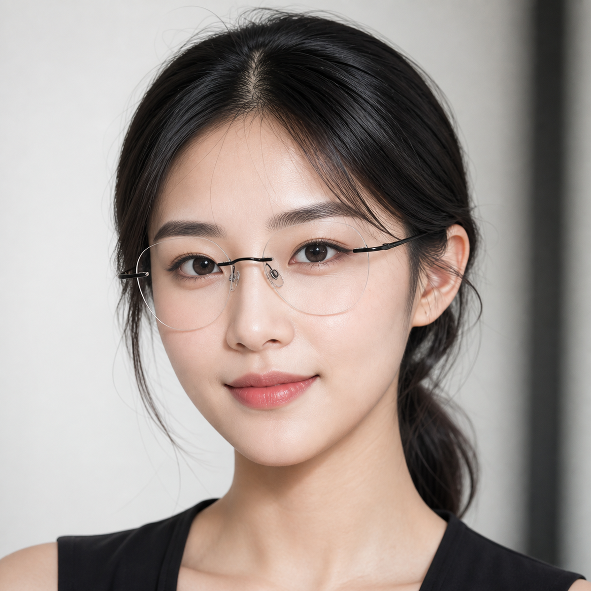 Black Unisex Pure Titanium Rimless Rounded Glasses, worn by an adult model, front fit