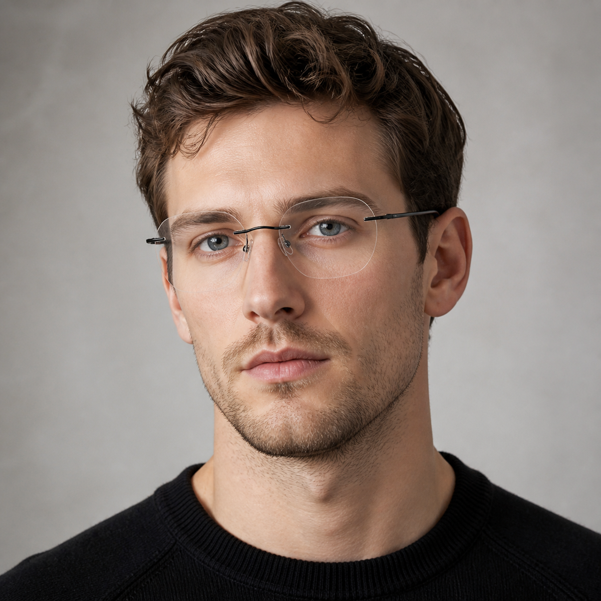 Black Unisex Pure Titanium Rimless Rounded Glasses, worn by an adult model, alternate fit