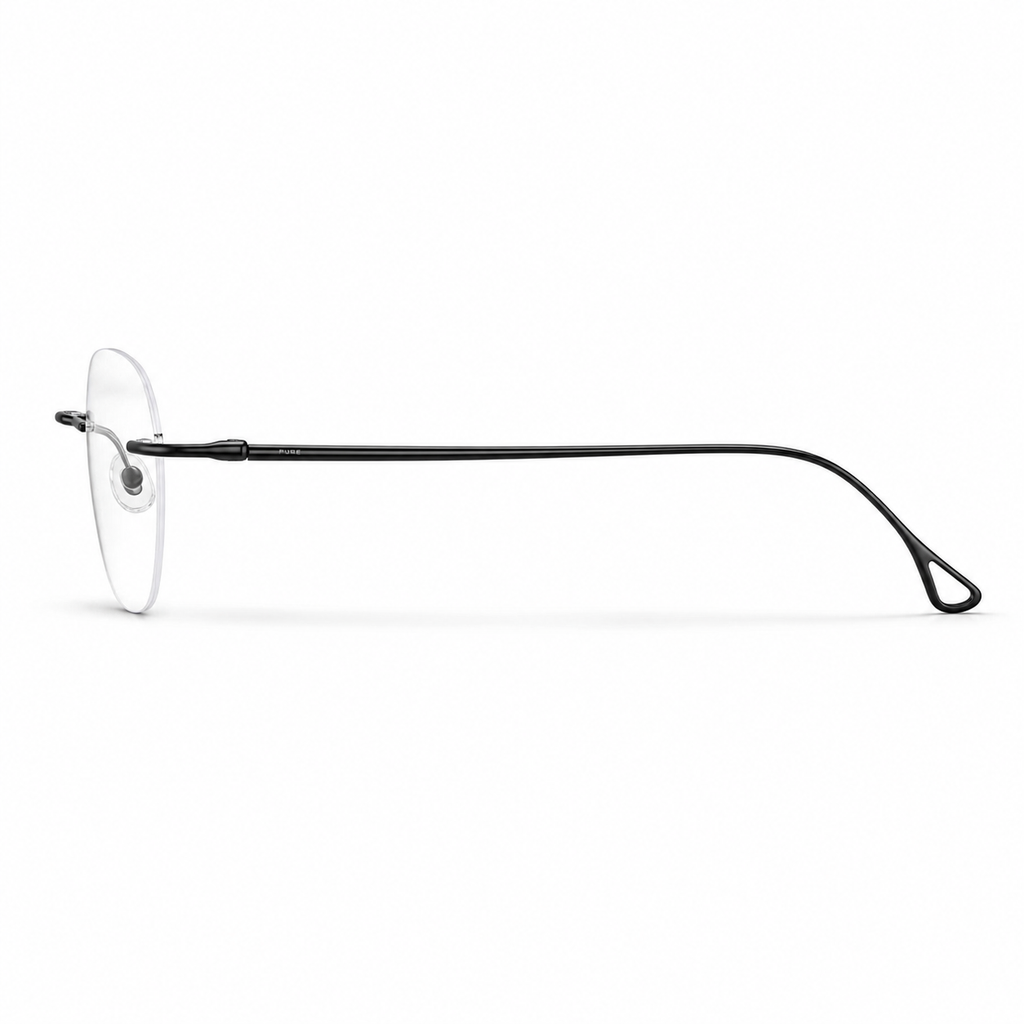 Black Unisex Pure Titanium Rimless Rounded Glasses, side temple product view