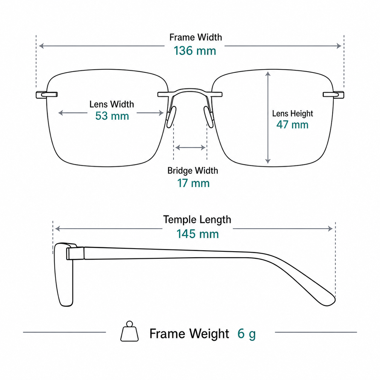 Unisex Pure Titanium Rimless Rounded Glasses frame measurements and weight guide