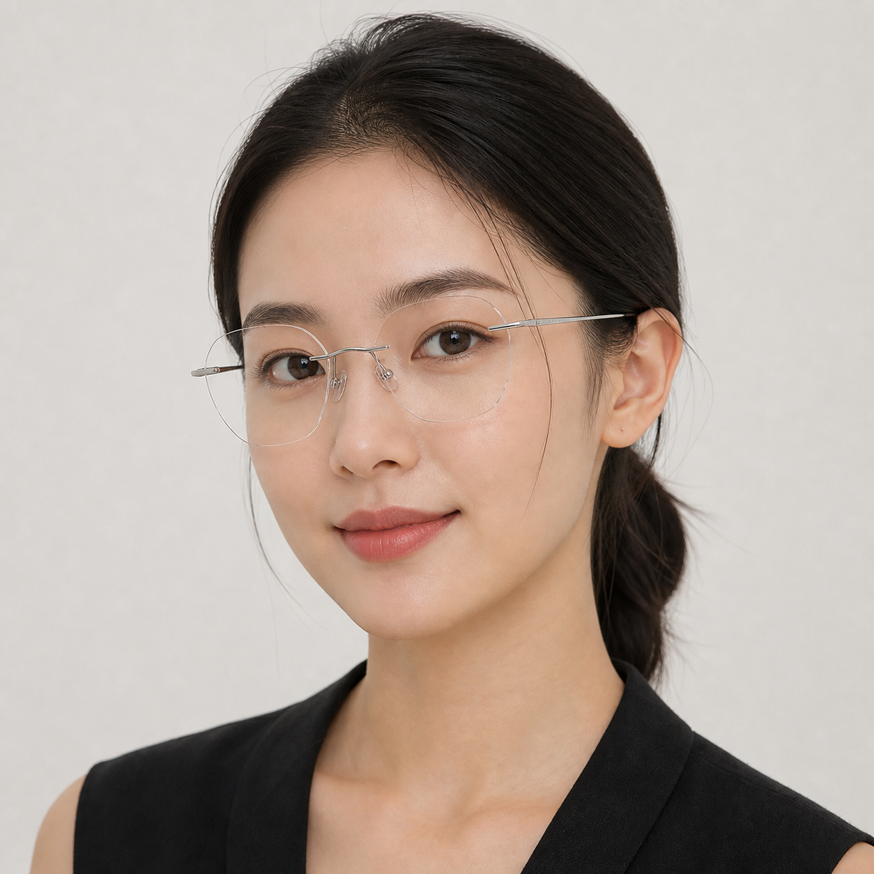 Silver Unisex Pure Titanium Rimless Rounded Glasses, worn by an adult model, front fit