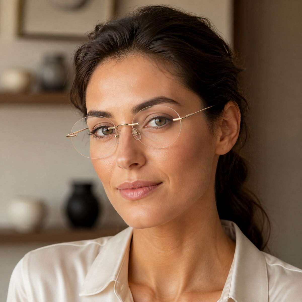 Adult model wearing Gold Chic Minimalist Rimless Glasses, lifestyle view 2