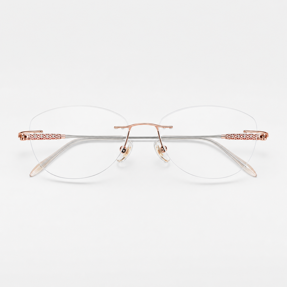 Rose Gold unisex titanium alloy rimless soft geometric glasses, front product view