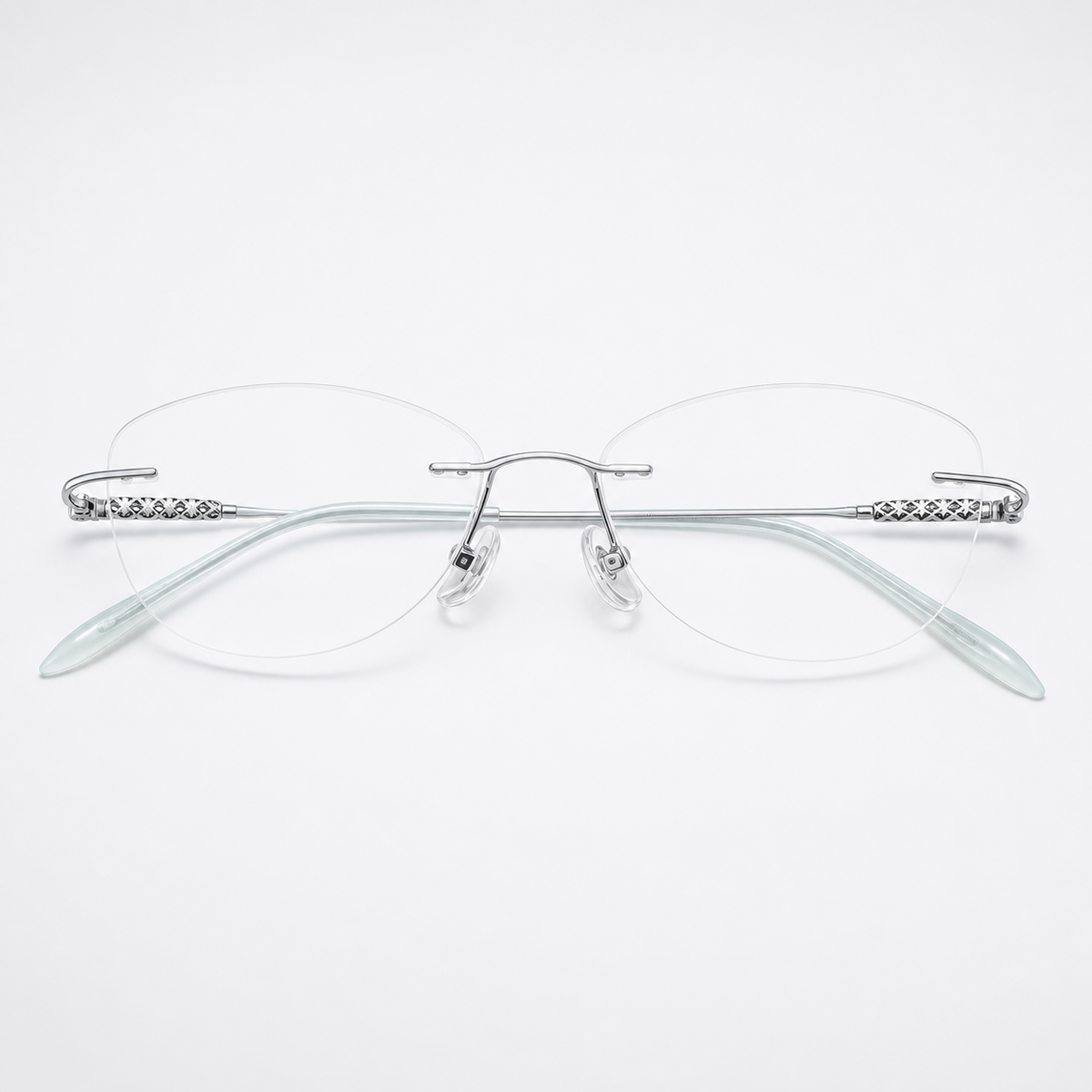 Silver unisex titanium alloy rimless soft geometric glasses, front product view