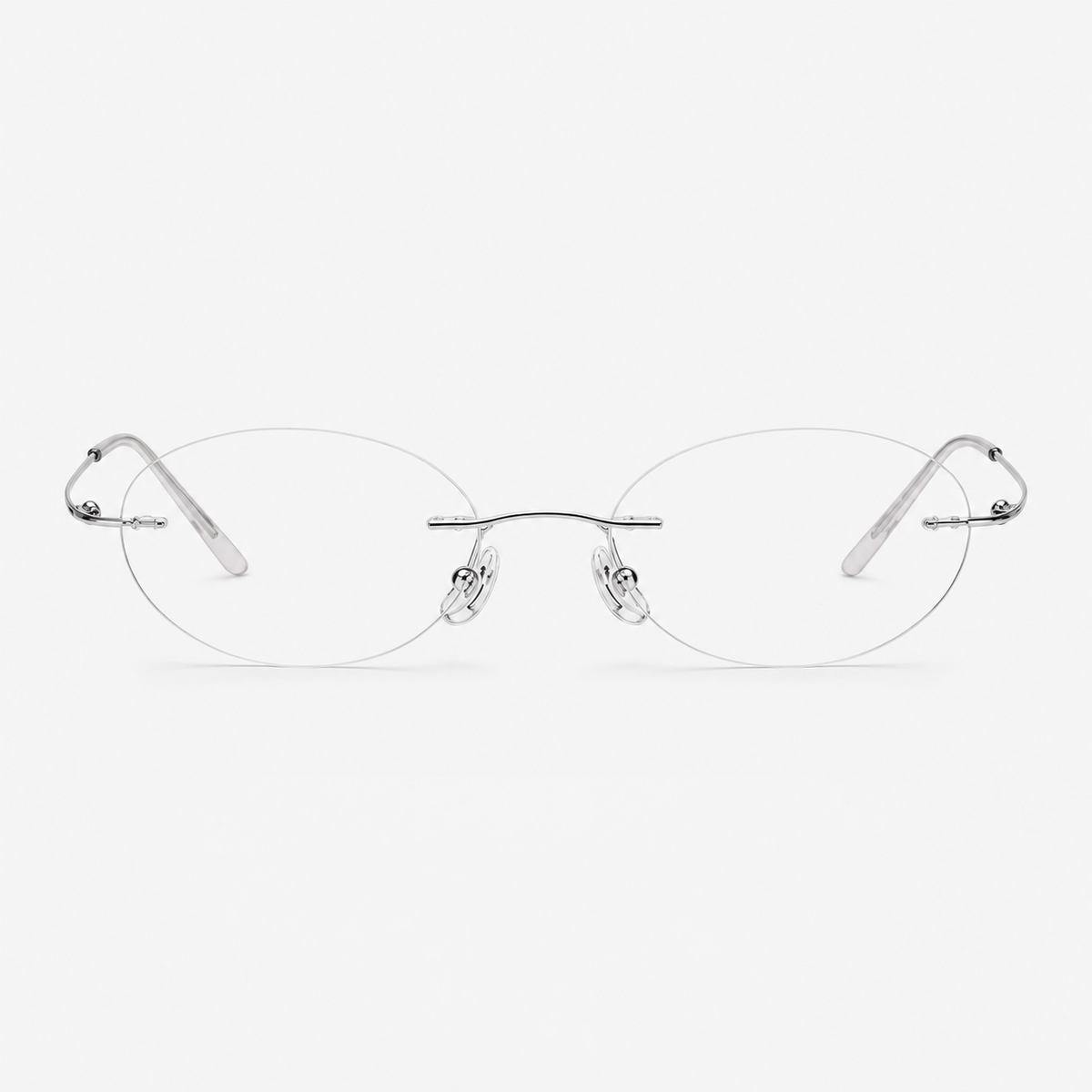 Silver women's titanium rimless oval glasses, front product view