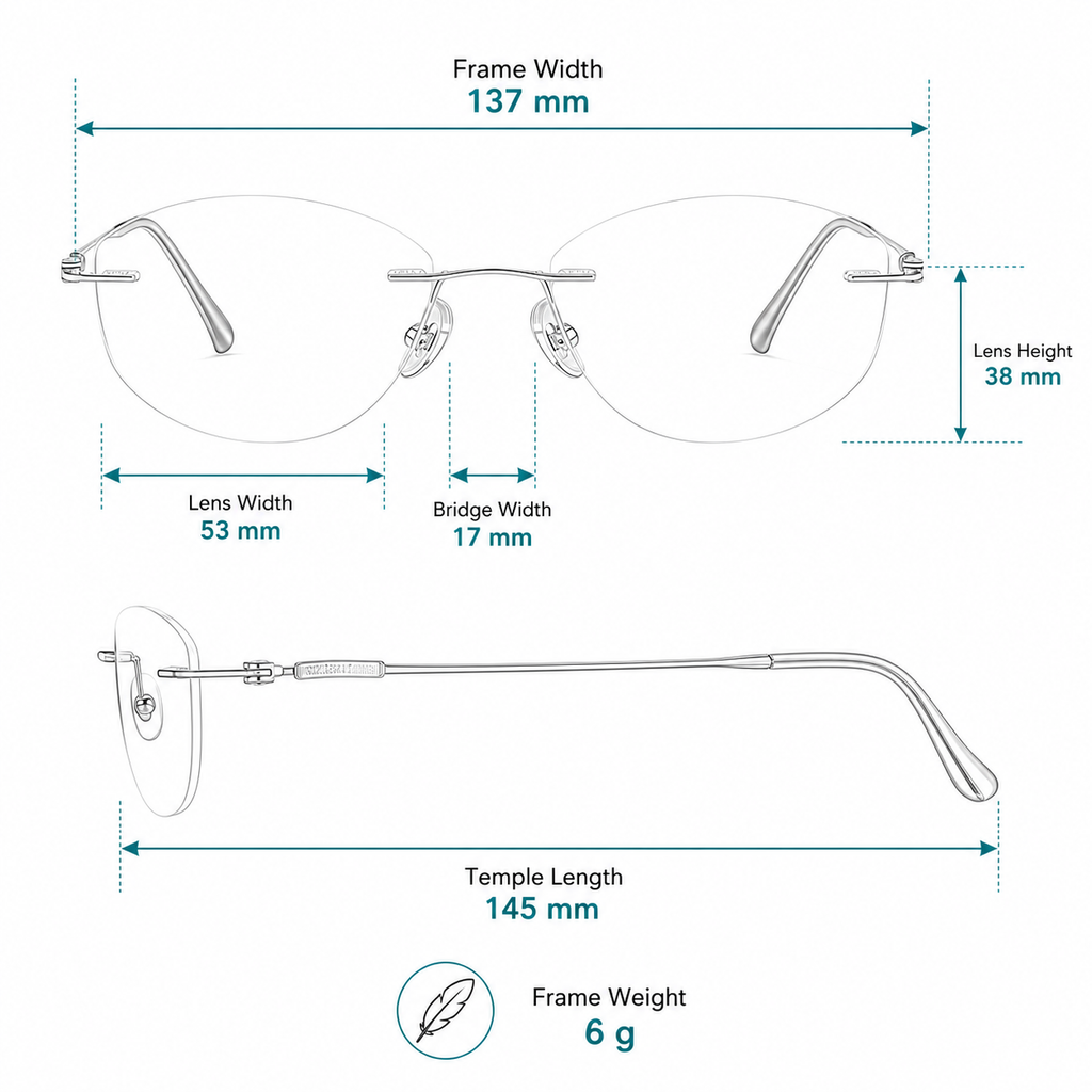 Women's Pure Titanium Rimless Cat-Eye Glasses frame measurements and weight guide