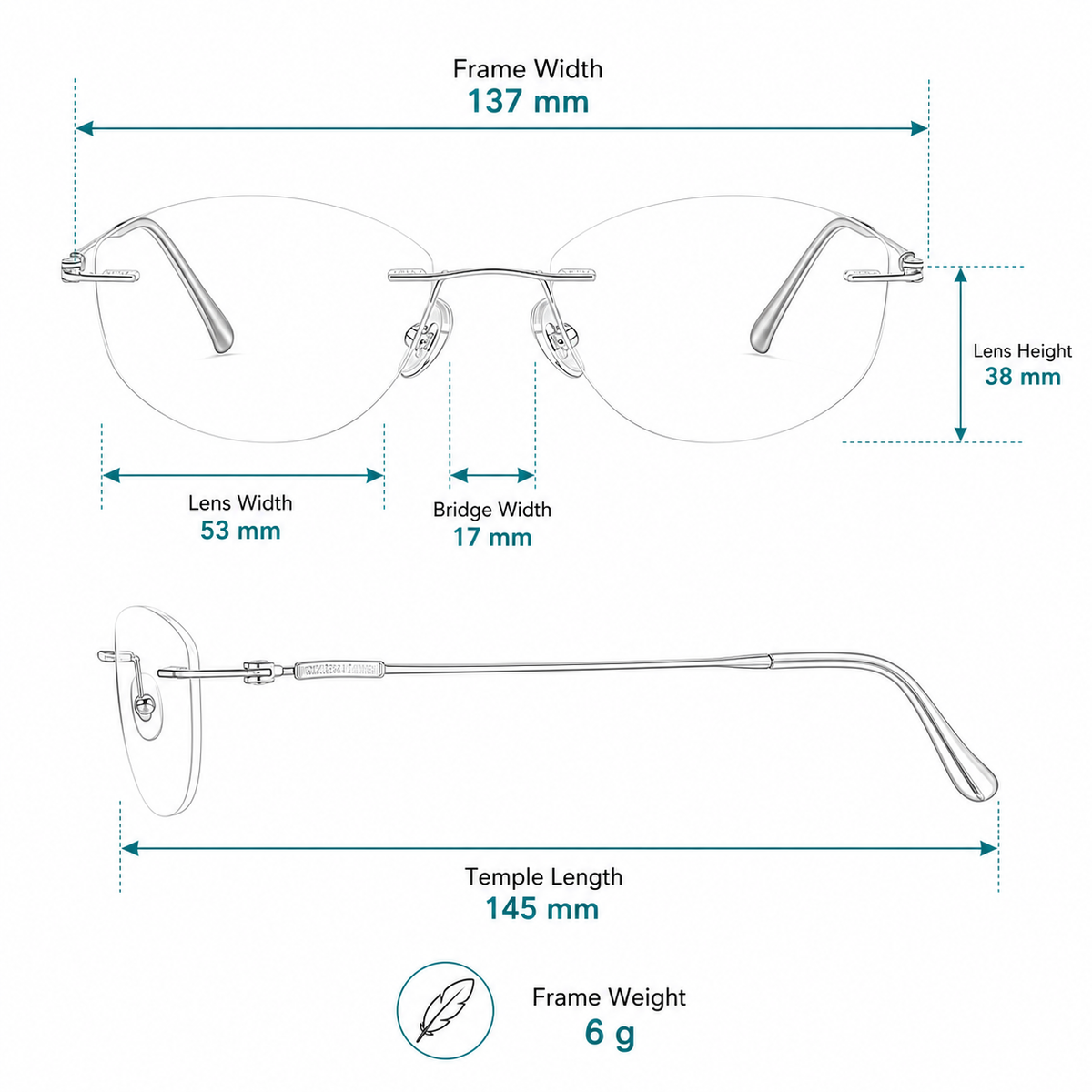Women's Pure Titanium Rimless Cat-Eye Glasses frame measurements and weight guide